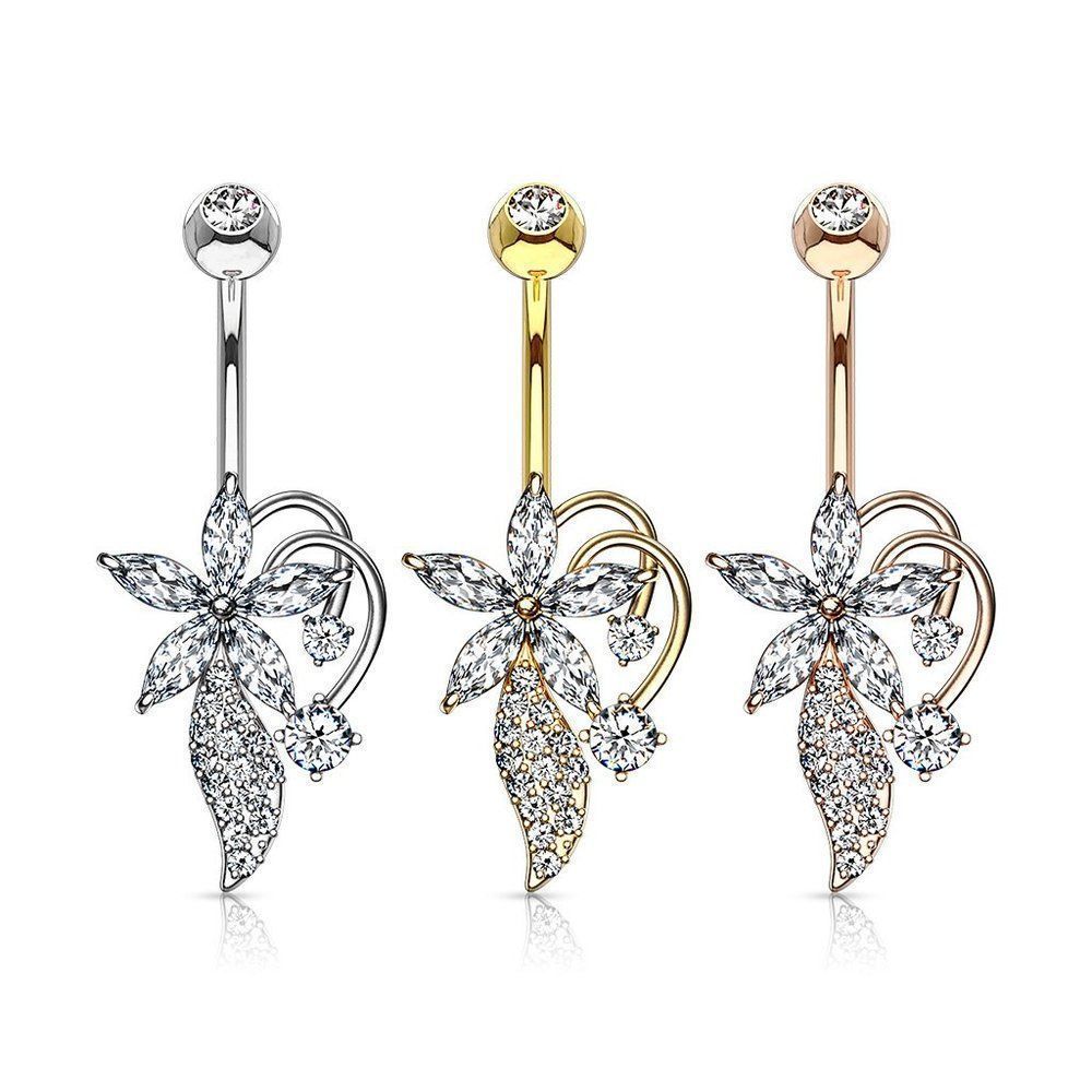 Marquise CZ Flower CZ Cluster Stem Bouquet 316L Surgical Steel Belly Button Nave